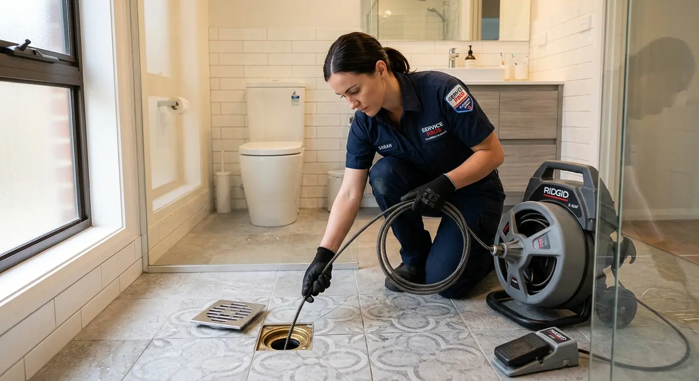 Technician clearing a bathroom floor drain for Drain Repair in Shrewsbury